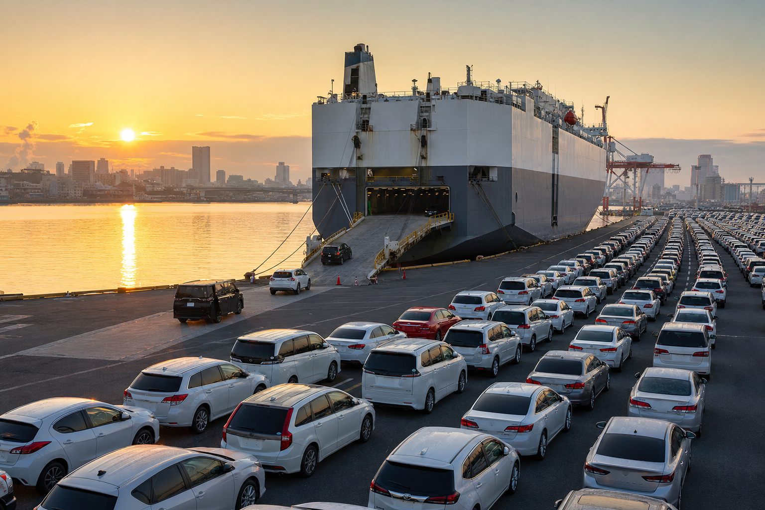 Japanese vehicles lined up at a port terminal ready to be loaded onto a car carrier vessel at sunrise