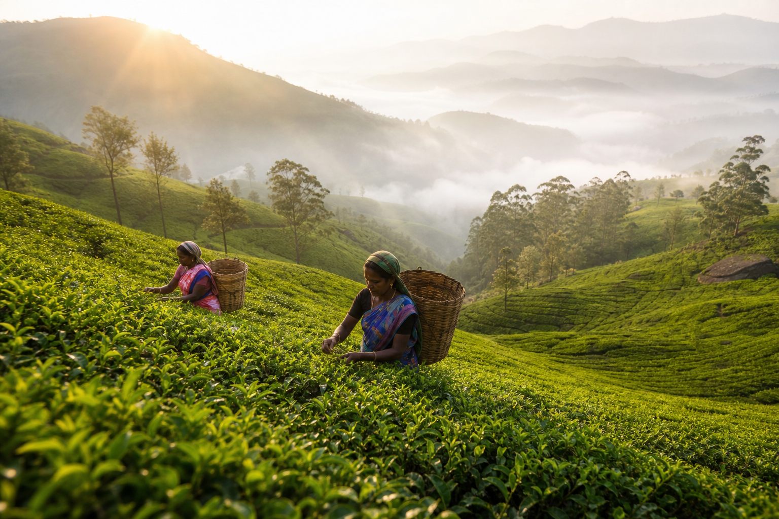 Tea pluckers working on a misty Ceylon tea plantation in the Sri Lankan hill country
