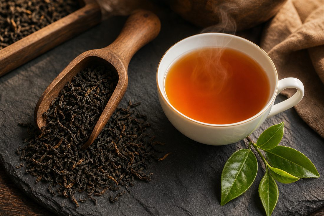 Loose Ceylon black tea leaves in a wooden scoop beside a cup of freshly brewed tea